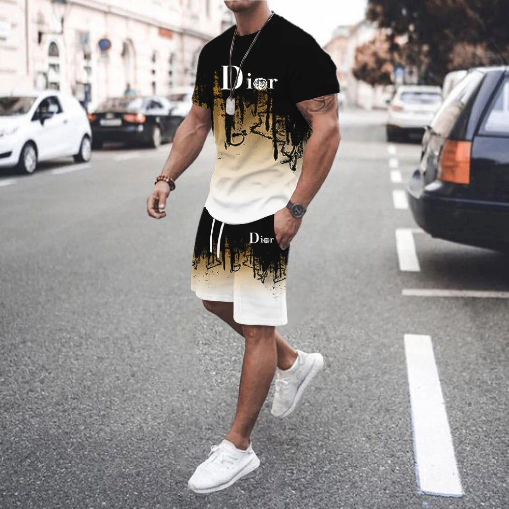 2026 Fashion Summer T Shirt Set for Men StripedPrint Men's T-shirt Short Sleeve+Shorts 2-Piece Set Oversized Casual Sport Suit