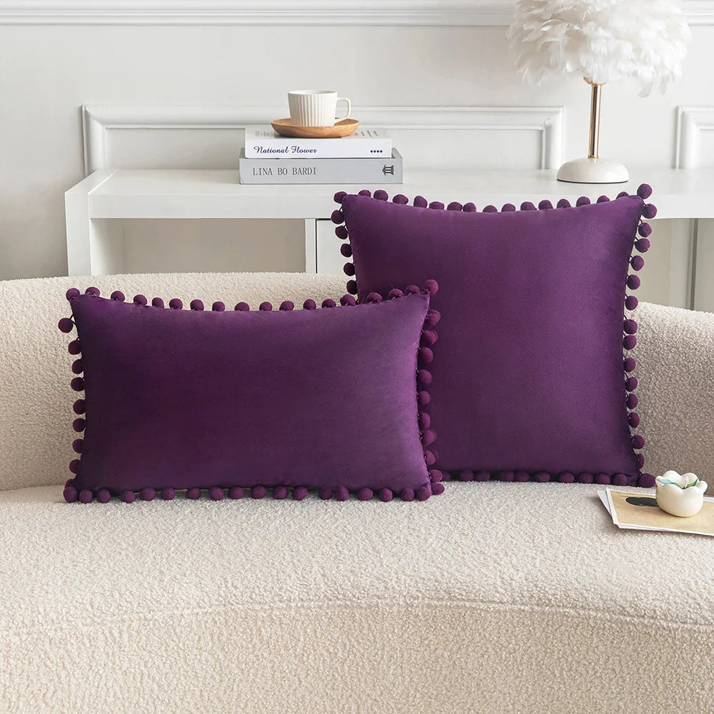 Velvet Throw Pillow Cover with Cute Pompom 30x50cm 45x45cm 50x50cm European Luxury Cushion Case for Christmas Gift Pillow Cover