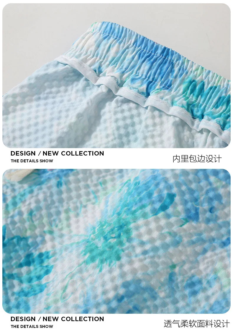 Casual Seersucker Texture Shorts Quick-Dry Breathable Straight Elastic Waist Printing Street Vacation Shorts Loose Fit Shorts
