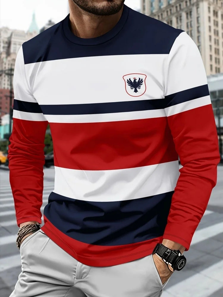 2025 New Men's Casual Long-sleeved Striped and Eagle Emblem Breathable Round-neck Long-sleeved T-shirt Multi-functional Clothing