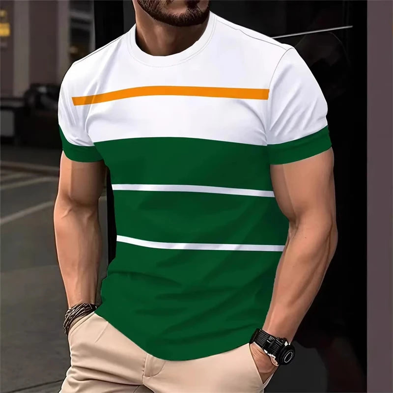 Fashion Simple Wide Stripes T Shirts For Men Summer Casual 3D Printed Contrasting Colors polyester T-shirts StreetwearTops Tees