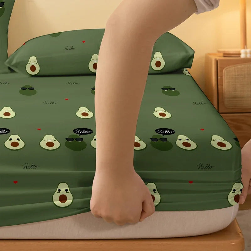 1 Cartoon Cute Avocado doll printed matte Fitted Sheet, bedroom printed bed cover, bedding (excluding pillowcases)