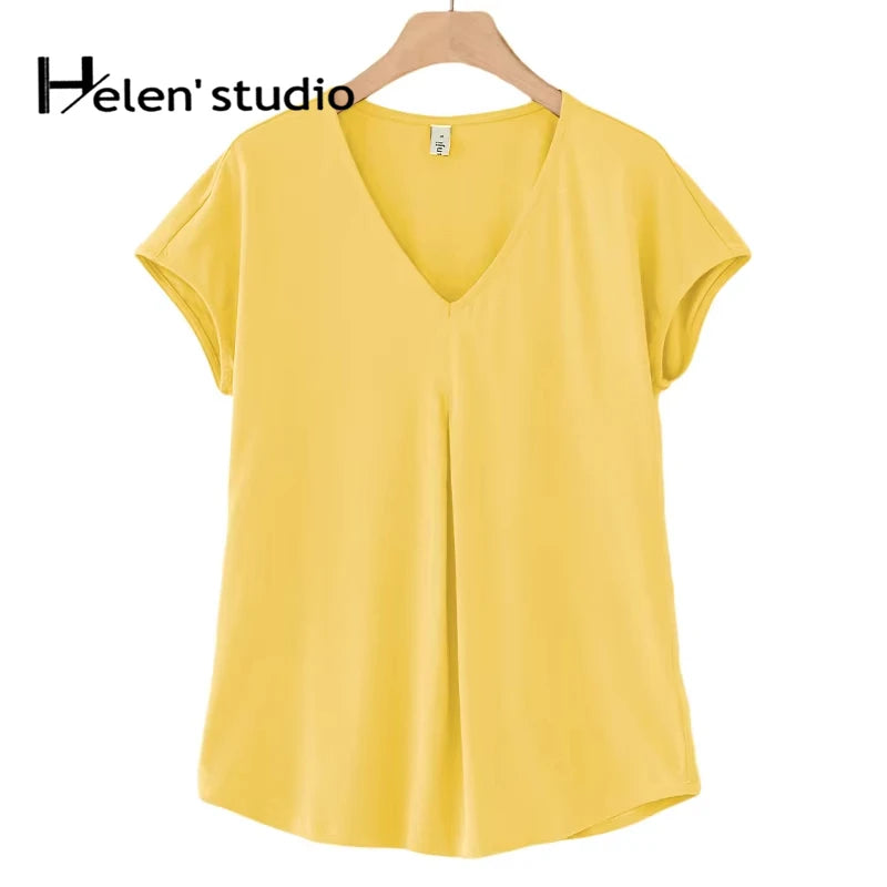 Original Fashion Casual Women Cotton T-Shirts Short Sleeve V-neck Summer Loose Big Size Women Tees Top Yellow T-shirt M30395