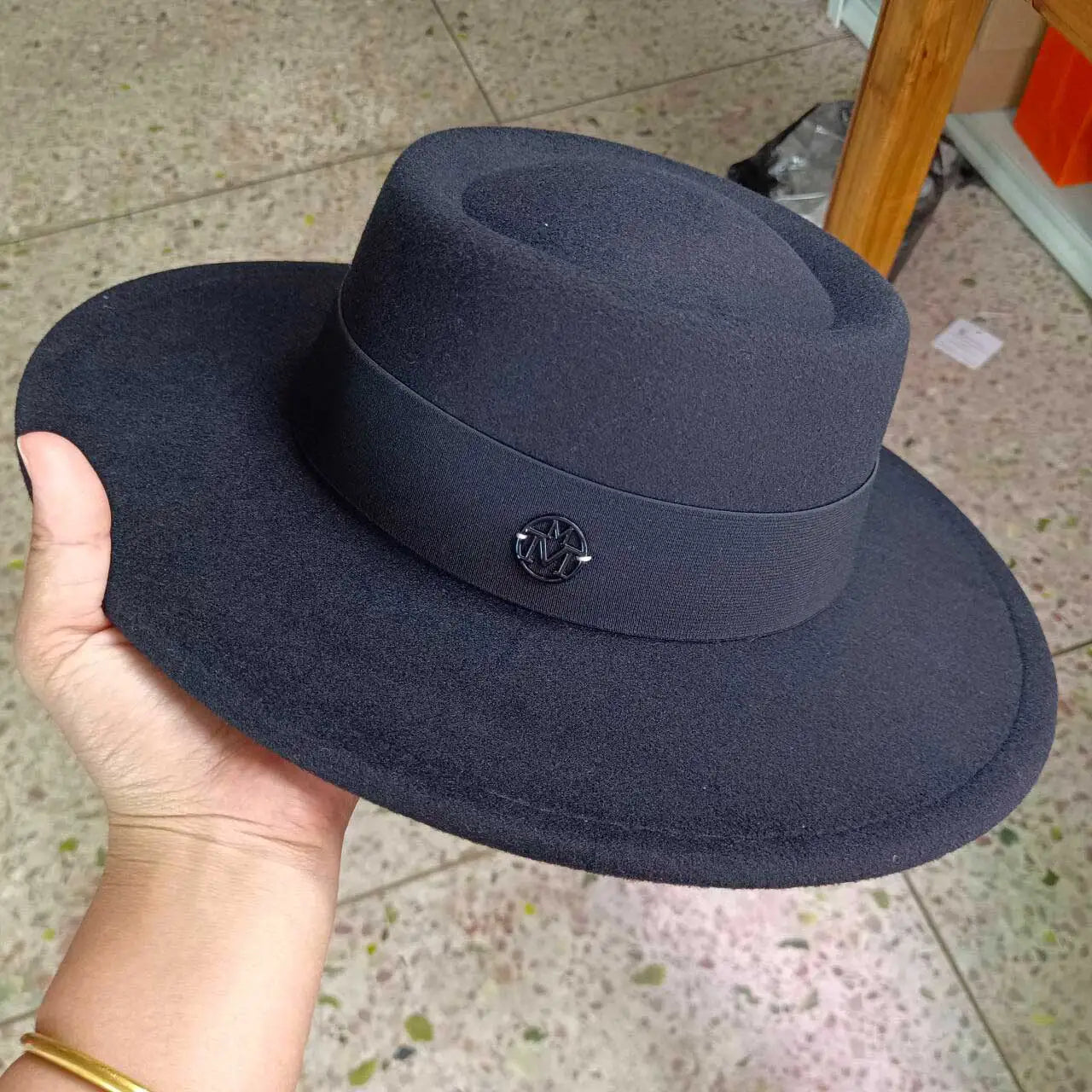 French felt hat Flat-top  Autumn and winter felt hats Letter accessories women's wide-brimmed hat sombrero fedora  sombrero
