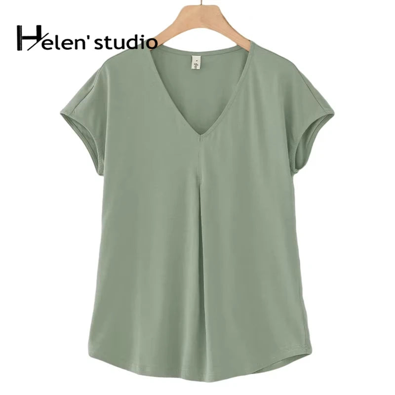 Original Fashion Casual Women Cotton T-Shirts Short Sleeve V-neck Summer Loose Big Size Women Tees Top Yellow T-shirt M30395
