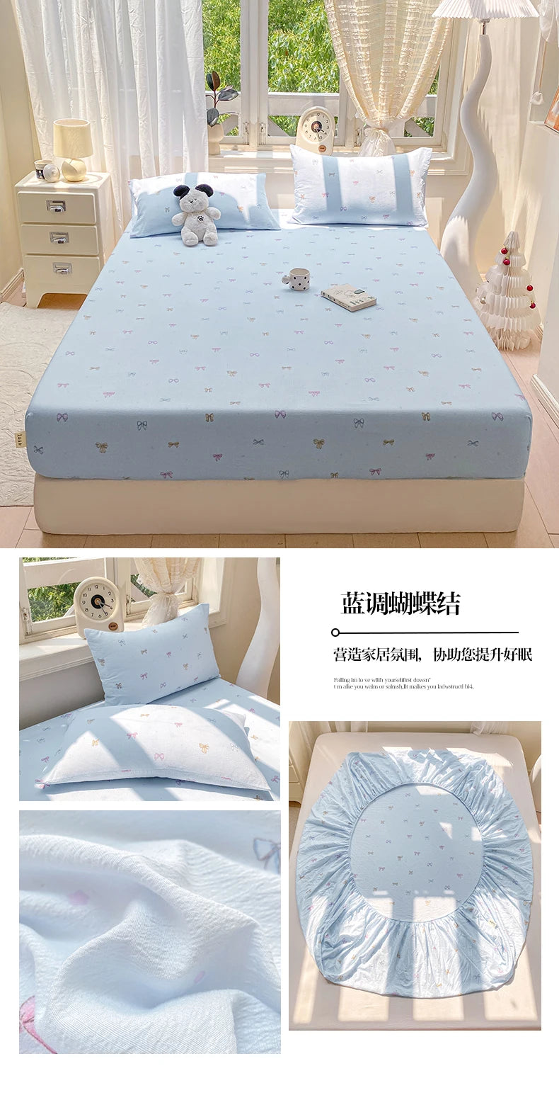 Washed Cotton Fitted Sheet with Elastic Bands Non Slip Adjustable Mattress Cover Printed  Pure Cotton  for Double King Queen