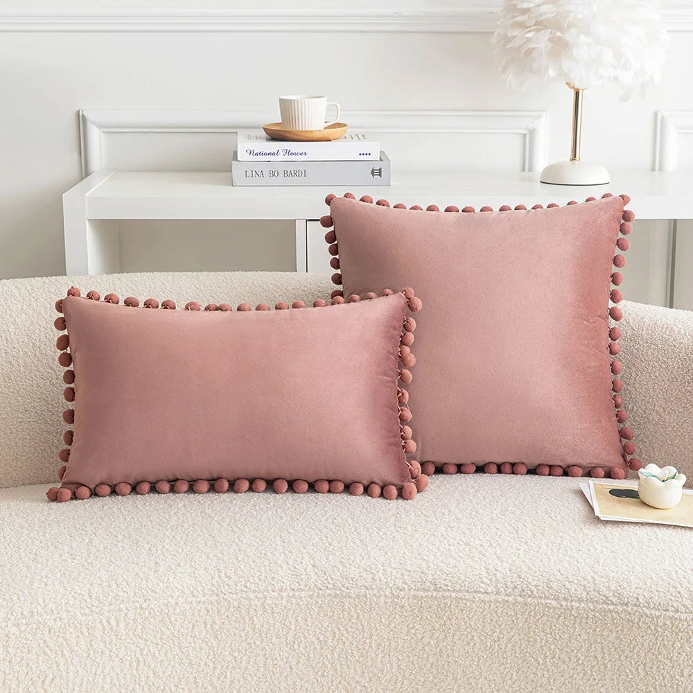 Velvet Throw Pillow Cover with Cute Pompom 30x50cm 45x45cm 50x50cm European Luxury Cushion Case for Christmas Gift Pillow Cover