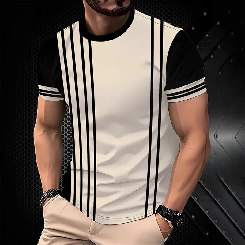 Fashion Simple Wide Stripes T Shirts For Men Summer Casual 3D Printed Contrasting Colors polyester T-shirts StreetwearTops Tees