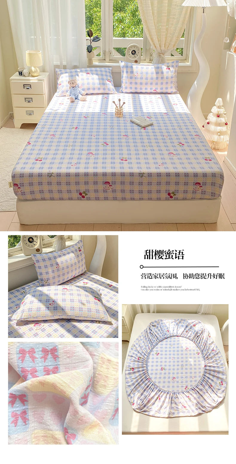Washed Cotton Fitted Sheet with Elastic Bands Non Slip Adjustable Mattress Cover Printed  Pure Cotton  for Double King Queen