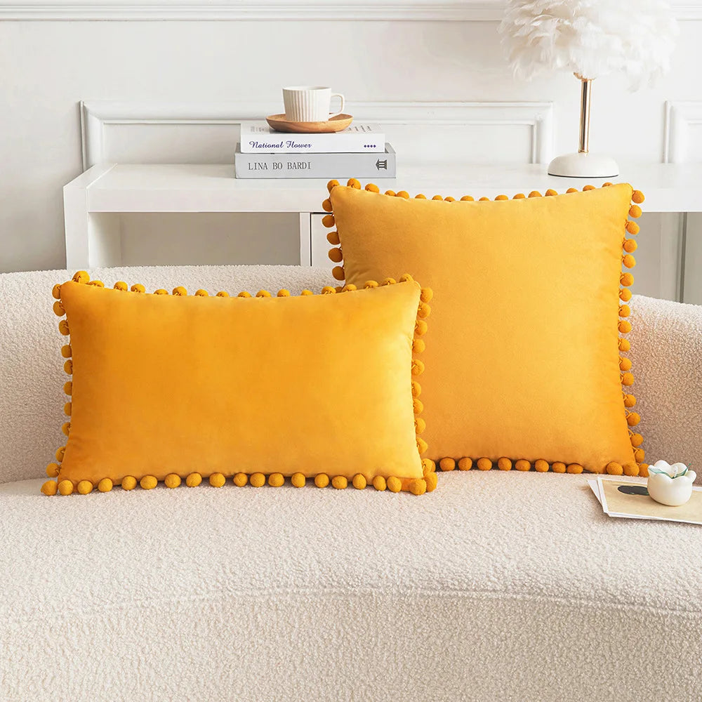 Velvet Throw Pillow Cover with Cute Pompom 30x50cm 45x45cm 50x50cm European Luxury Cushion Case for Christmas Gift Pillow Cover