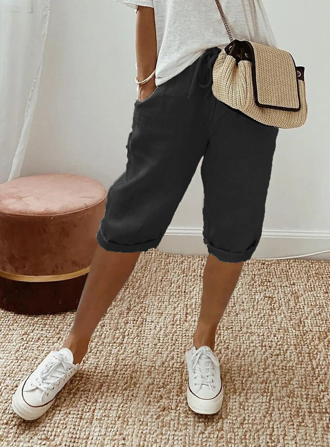 Shorts Women summer cotton linen elastic waist pocket elastic casual pants five quarter women's clothing YRW911