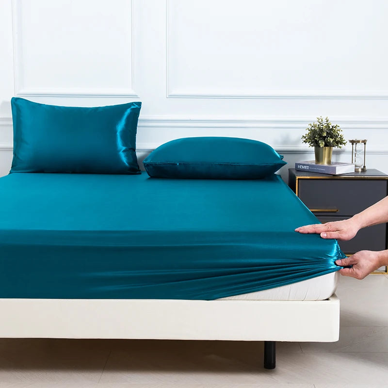 3pc Solid Color Fitted Sheet Set 1 bed sheet with 2 pillow cover Satin Fabric Soft Comfortable Breathble Bedding Set for Bedroom