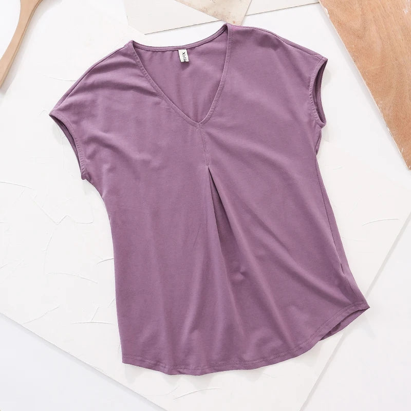 Original Fashion Casual Women Cotton T-Shirts Short Sleeve V-neck Summer Loose Big Size Women Tees Top Yellow T-shirt M30395