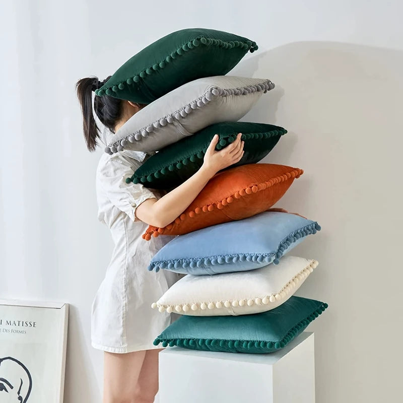 Velvet Throw Pillow Cover with Cute Pompom 30x50cm 45x45cm 50x50cm European Luxury Cushion Case for Christmas Gift Pillow Cover