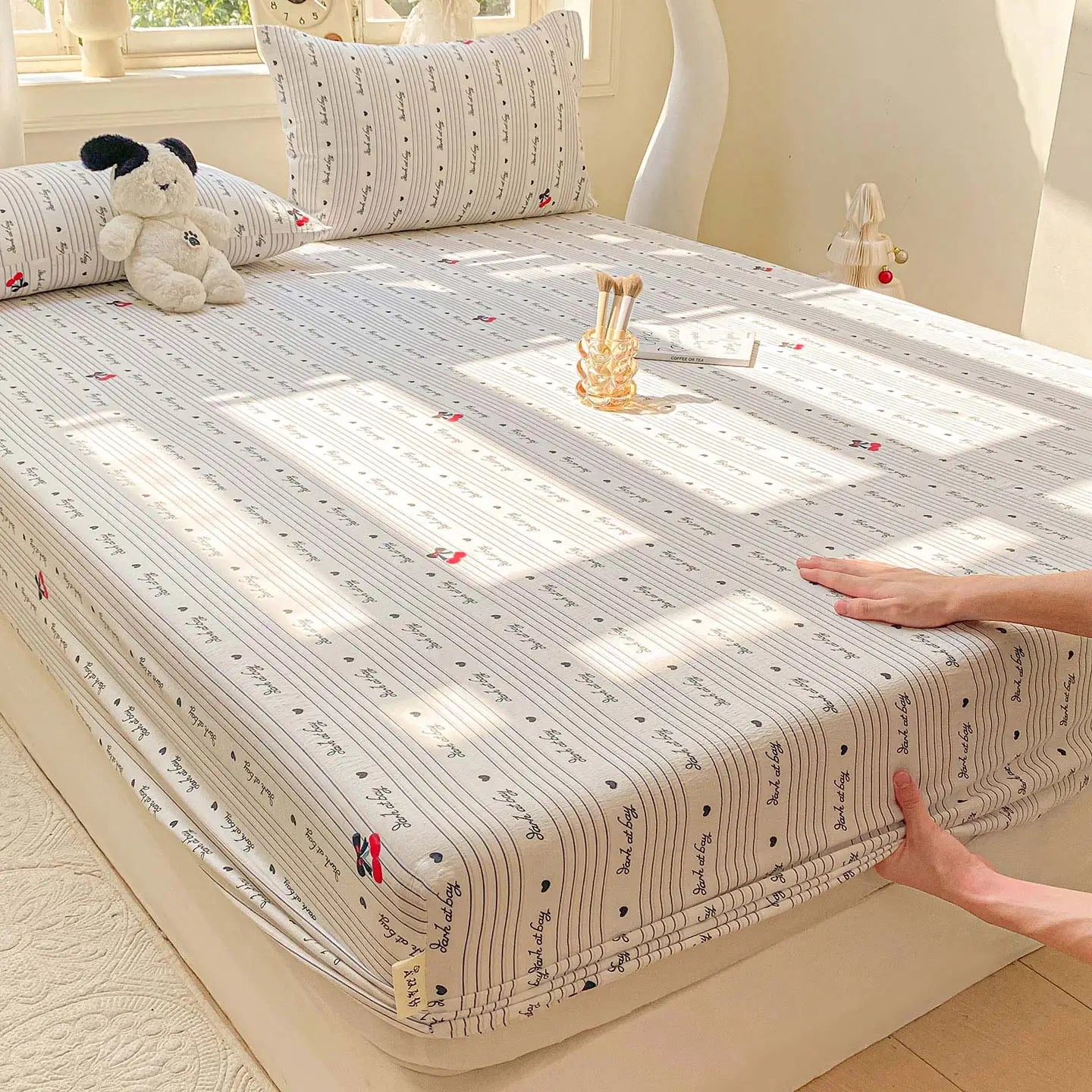Washed Cotton Fitted Sheet with Elastic Bands Non Slip Adjustable Mattress Cover Printed  Pure Cotton  for Double King Queen