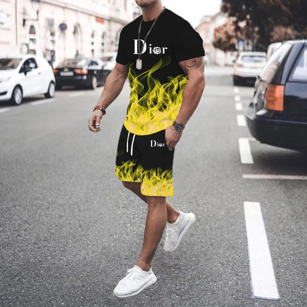 2026 Fashion Summer T Shirt Set for Men StripedPrint Men's T-shirt Short Sleeve+Shorts 2-Piece Set Oversized Casual Sport Suit