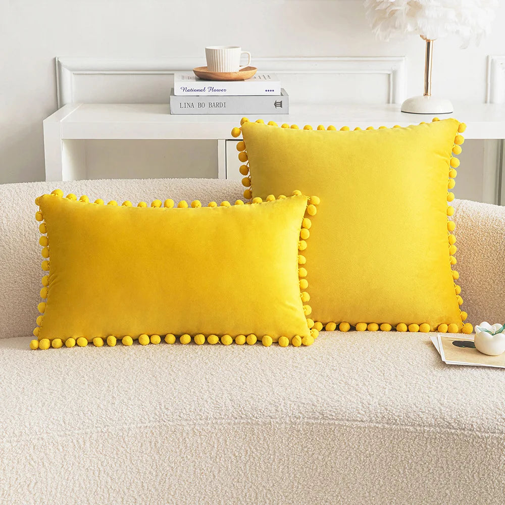 Velvet Throw Pillow Cover with Cute Pompom 30x50cm 45x45cm 50x50cm European Luxury Cushion Case for Christmas Gift Pillow Cover
