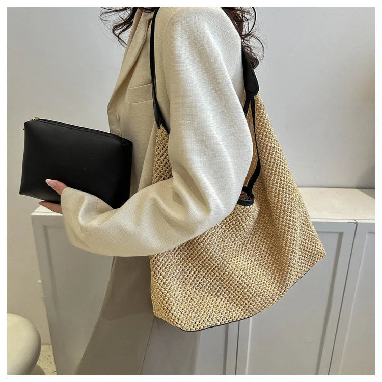Casual Beach Summer Popular Woven Mother-in-law Bag 2024 Fashionable One-shoulder Seaside Travel Beach Straw Bag Drop Shipping
