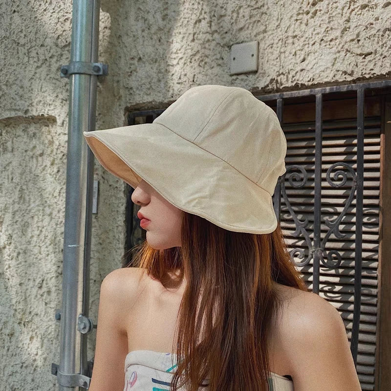 Women Summer Sunhat Cotton Ponytail Bucket Hat Outdoor Beach Adjustable Sun Visor Hats Solid Color Foldable Panama Fisherman Cap