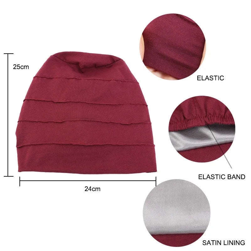 Women Stretch Beanie Chemo Cotton Hair Turban Hat Double-layer Soft Satin Lining Crinkled Hijab Inner Hijab Caps