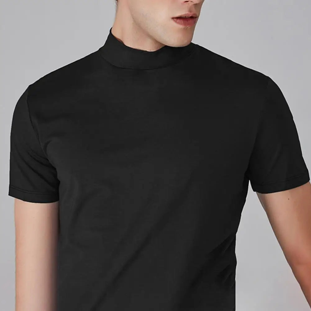 Men Half High Collar Slim Fit T-shirt Summer Casual Short Sleeve Solid Color Elastic Thin Pullover Tee Shirt Half Turtleneck Top