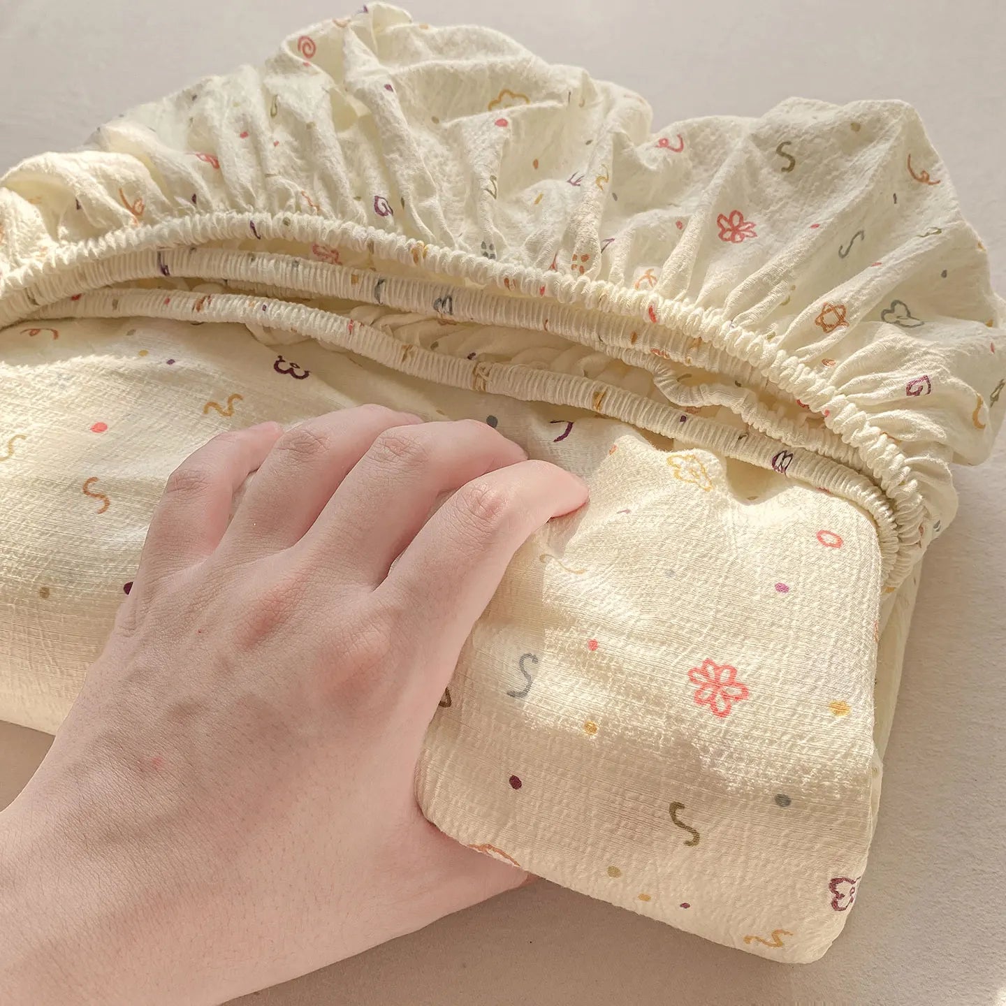 Washed Cotton Fitted Sheet with Elastic Bands Non Slip Adjustable Mattress Cover Printed  Pure Cotton  for Double King Queen