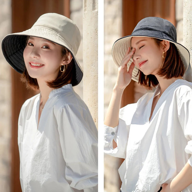 Wide Brim Women Double-sided Wear Bucket Hat Outdoor Foldable Sun Visor Panama Hats Girls Beach Travel Portable Fisherman Cap