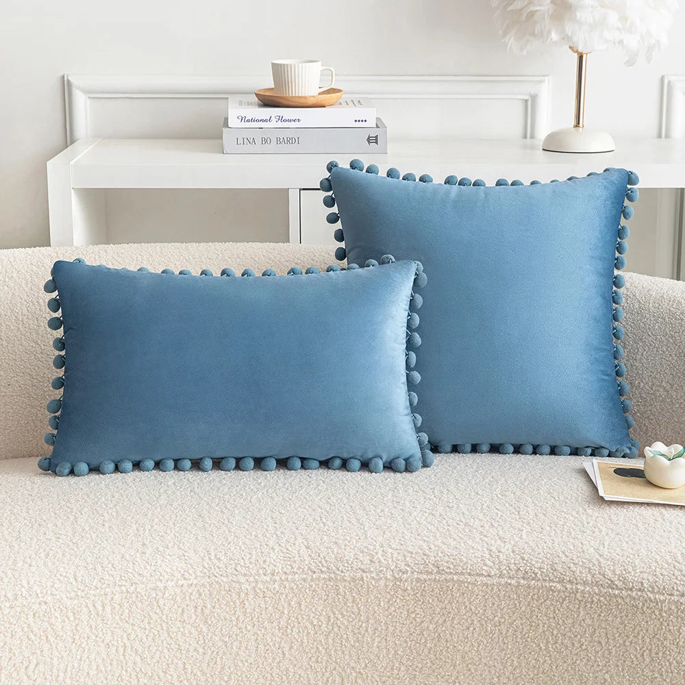 Velvet Throw Pillow Cover with Cute Pompom 30x50cm 45x45cm 50x50cm European Luxury Cushion Case for Christmas Gift Pillow Cover