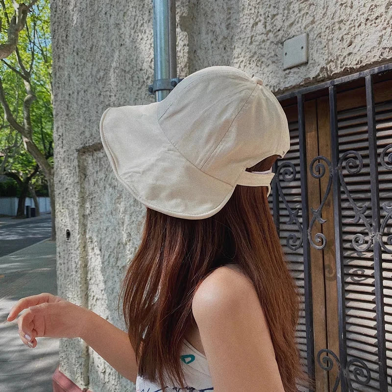 Women Summer Sunhat Cotton Ponytail Bucket Hat Outdoor Beach Adjustable Sun Visor Hats Solid Color Foldable Panama Fisherman Cap