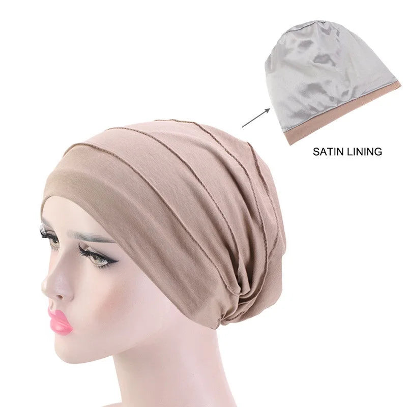 Women Stretch Beanie Chemo Cotton Hair Turban Hat Double-layer Soft Satin Lining Crinkled Hijab Inner Hijab Caps
