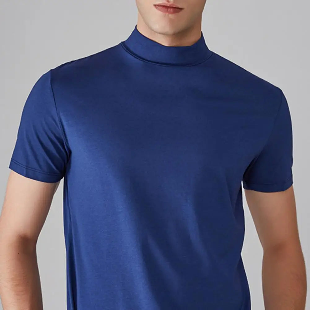 Men Half High Collar Slim Fit T-shirt Summer Casual Short Sleeve Solid Color Elastic Thin Pullover Tee Shirt Half Turtleneck Top