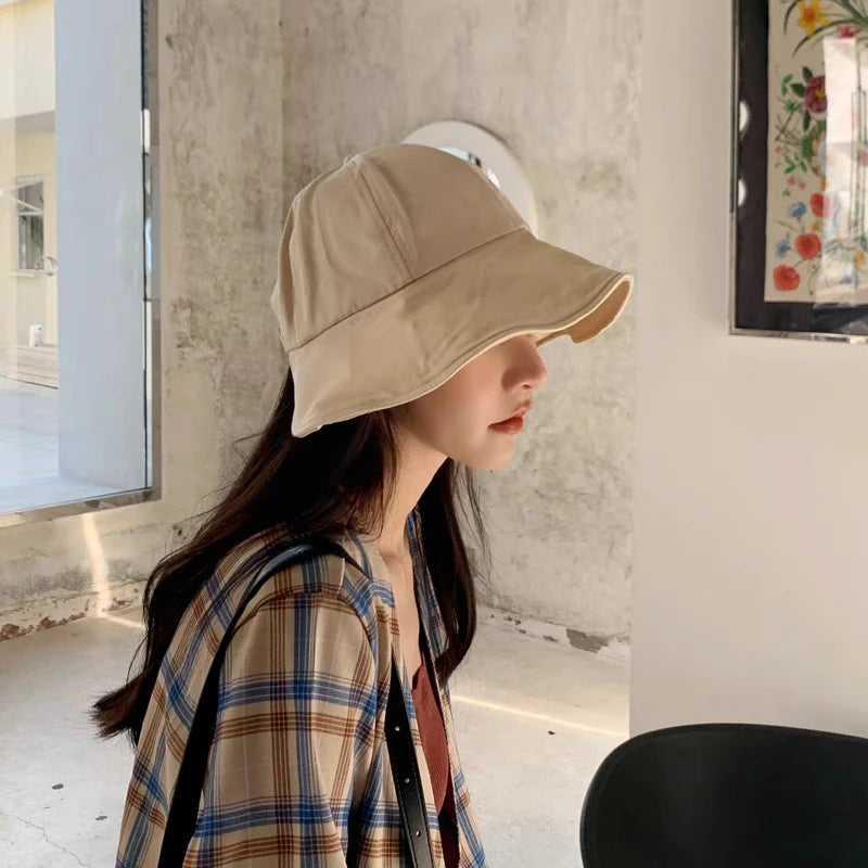 Women Summer Sunhat Cotton Ponytail Bucket Hat Outdoor Beach Adjustable Sun Visor Hats Solid Color Foldable Panama Fisherman Cap
