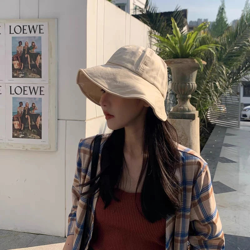 Women Summer Sunhat Cotton Ponytail Bucket Hat Outdoor Beach Adjustable Sun Visor Hats Solid Color Foldable Panama Fisherman Cap