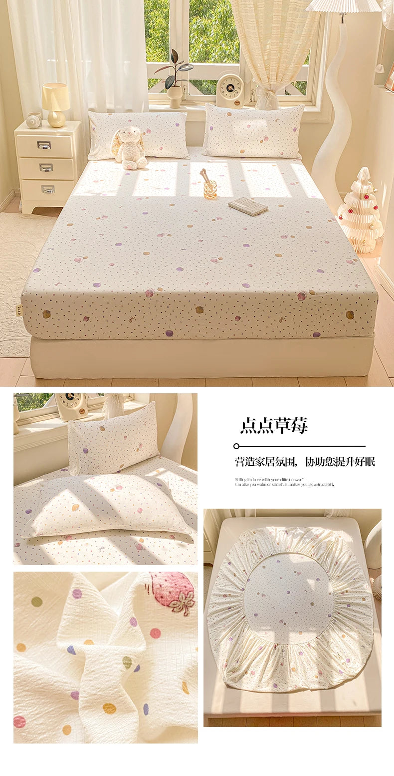 Washed Cotton Fitted Sheet with Elastic Bands Non Slip Adjustable Mattress Cover Printed  Pure Cotton  for Double King Queen