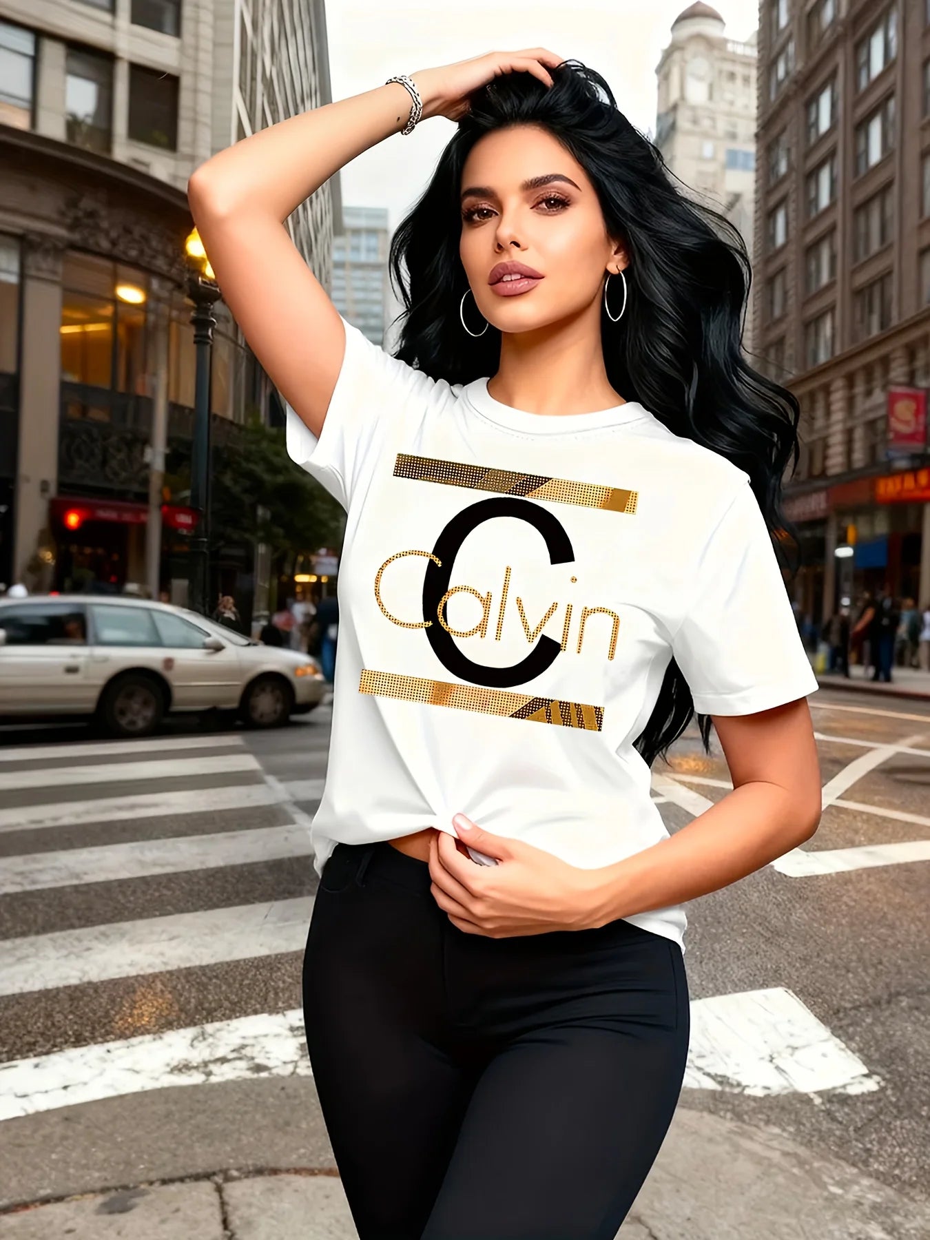 Calvin Letter Print Women's Tee - Gold Graphic Green Casual Top