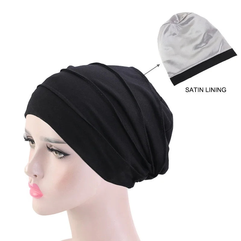 Women Stretch Beanie Chemo Cotton Hair Turban Hat Double-layer Soft Satin Lining Crinkled Hijab Inner Hijab Caps