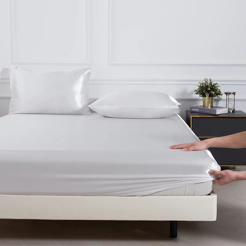 3pc Solid Color Fitted Sheet Set 1 bed sheet with 2 pillow cover Satin Fabric Soft Comfortable Breathble Bedding Set for Bedroom