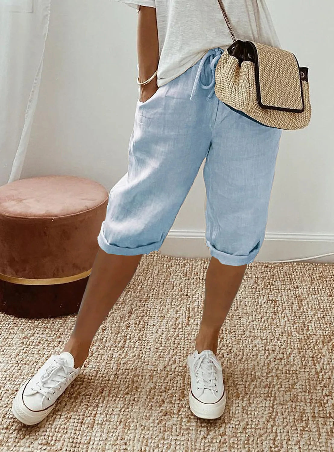 Shorts Women summer cotton linen elastic waist pocket elastic casual pants five quarter women's clothing YRW911