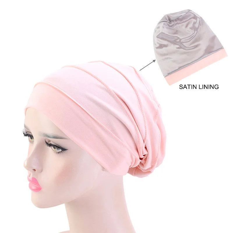 Women Stretch Beanie Chemo Cotton Hair Turban Hat Double-layer Soft Satin Lining Crinkled Hijab Inner Hijab Caps
