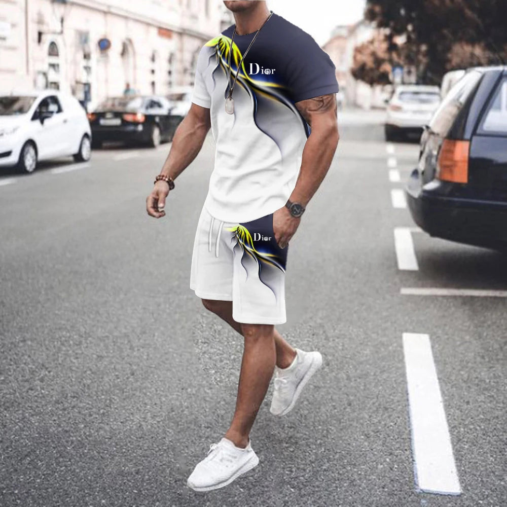 2026 Fashion Summer T Shirt Set for Men StripedPrint Men's T-shirt Short Sleeve+Shorts 2-Piece Set Oversized Casual Sport Suit