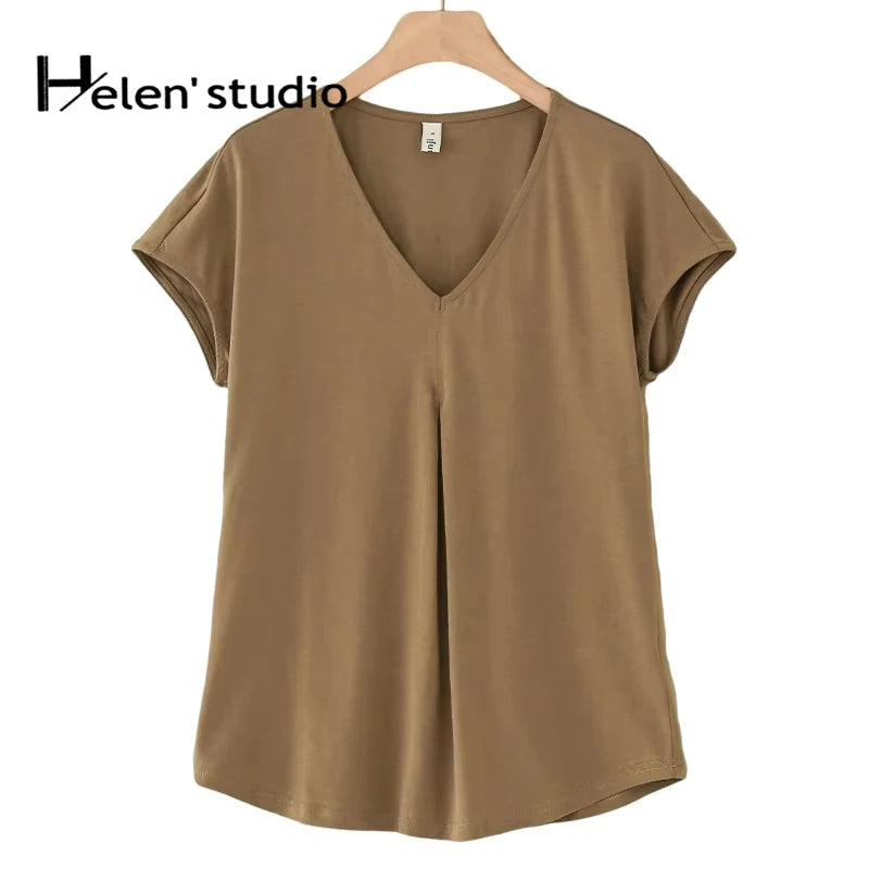 Original Fashion Casual Women Cotton T-Shirts Short Sleeve V-neck Summer Loose Big Size Women Tees Top Yellow T-shirt M30395