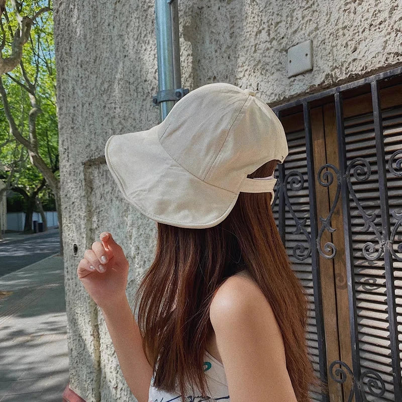 Women Summer Sunhat Cotton Ponytail Bucket Hat Outdoor Beach Adjustable Sun Visor Hats Solid Color Foldable Panama Fisherman Cap