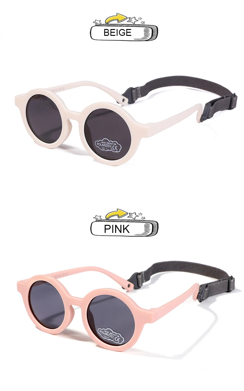 Baby Polarized Round Sunglasses Flexible Rubber Shades with Strap for Toddler Newborn Infant Ages 0-36 Months