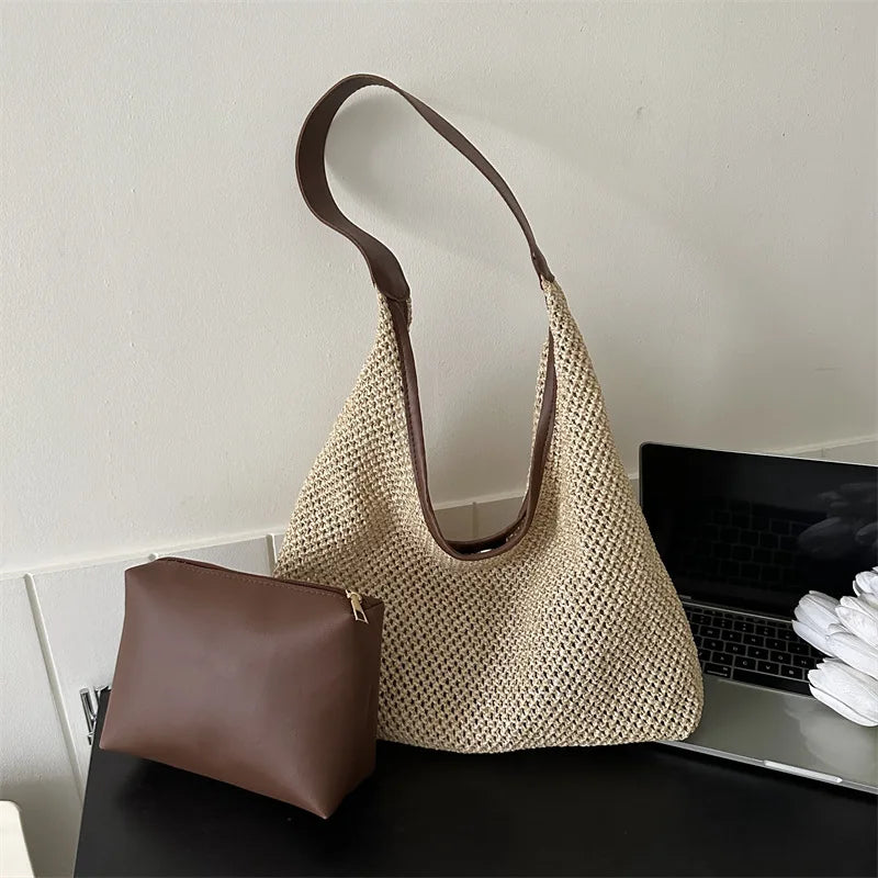 Casual Beach Summer Popular Woven Mother-in-law Bag 2024 Fashionable One-shoulder Seaside Travel Beach Straw Bag Drop Shipping
