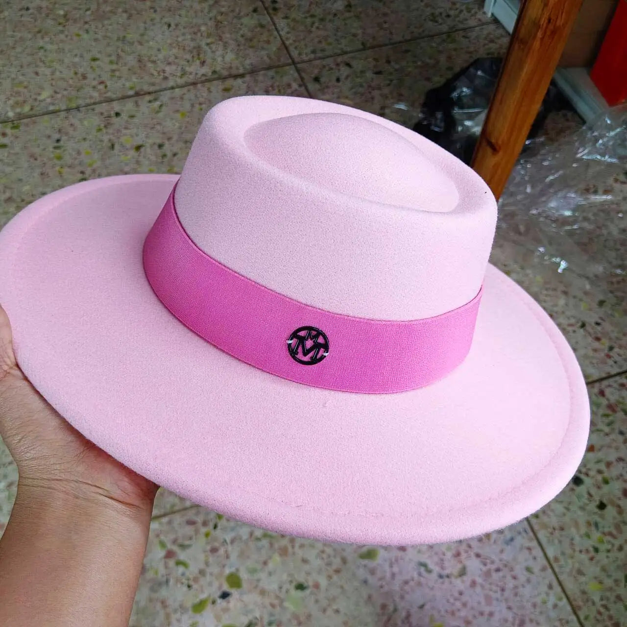 French felt hat Flat-top  Autumn and winter felt hats Letter accessories women's wide-brimmed hat sombrero fedora  sombrero