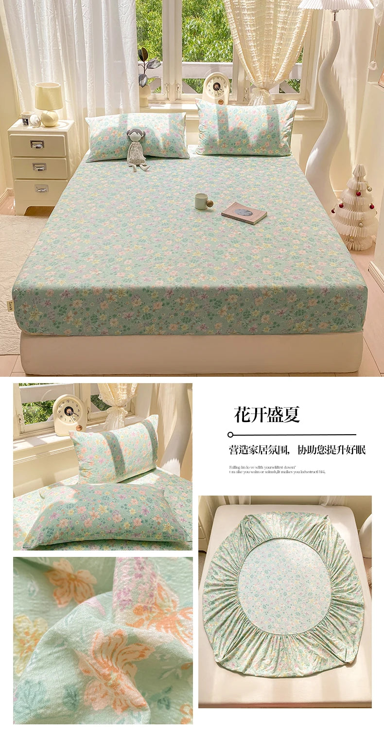 Washed Cotton Fitted Sheet with Elastic Bands Non Slip Adjustable Mattress Cover Printed  Pure Cotton  for Double King Queen