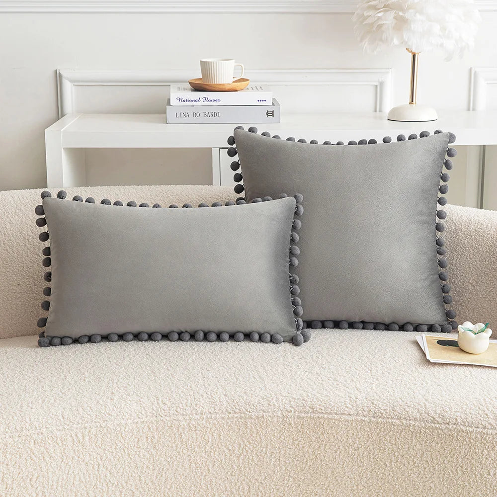 Velvet Throw Pillow Cover with Cute Pompom 30x50cm 45x45cm 50x50cm European Luxury Cushion Case for Christmas Gift Pillow Cover