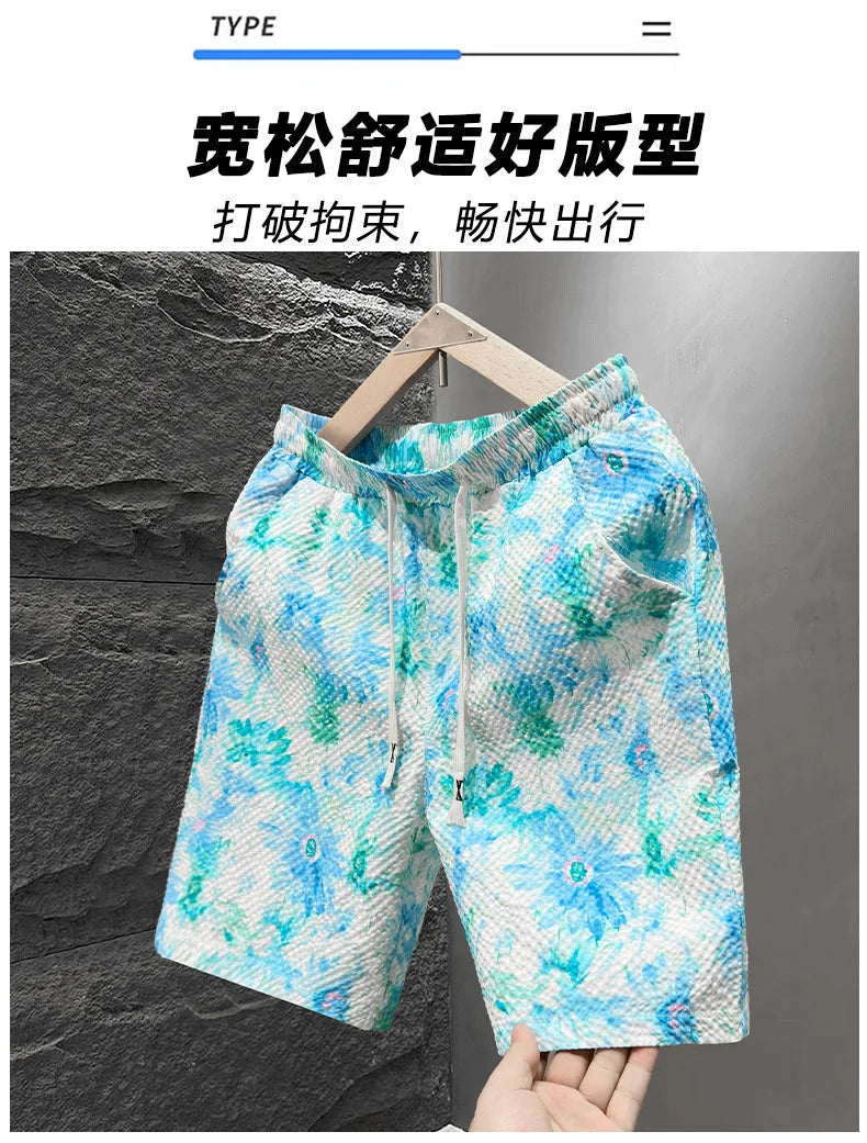 Casual Seersucker Texture Shorts Quick-Dry Breathable Straight Elastic Waist Printing Street Vacation Shorts Loose Fit Shorts