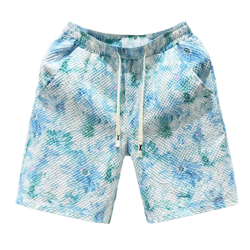 Casual Seersucker Texture Shorts Quick-Dry Breathable Straight Elastic Waist Printing Street Vacation Shorts Loose Fit Shorts