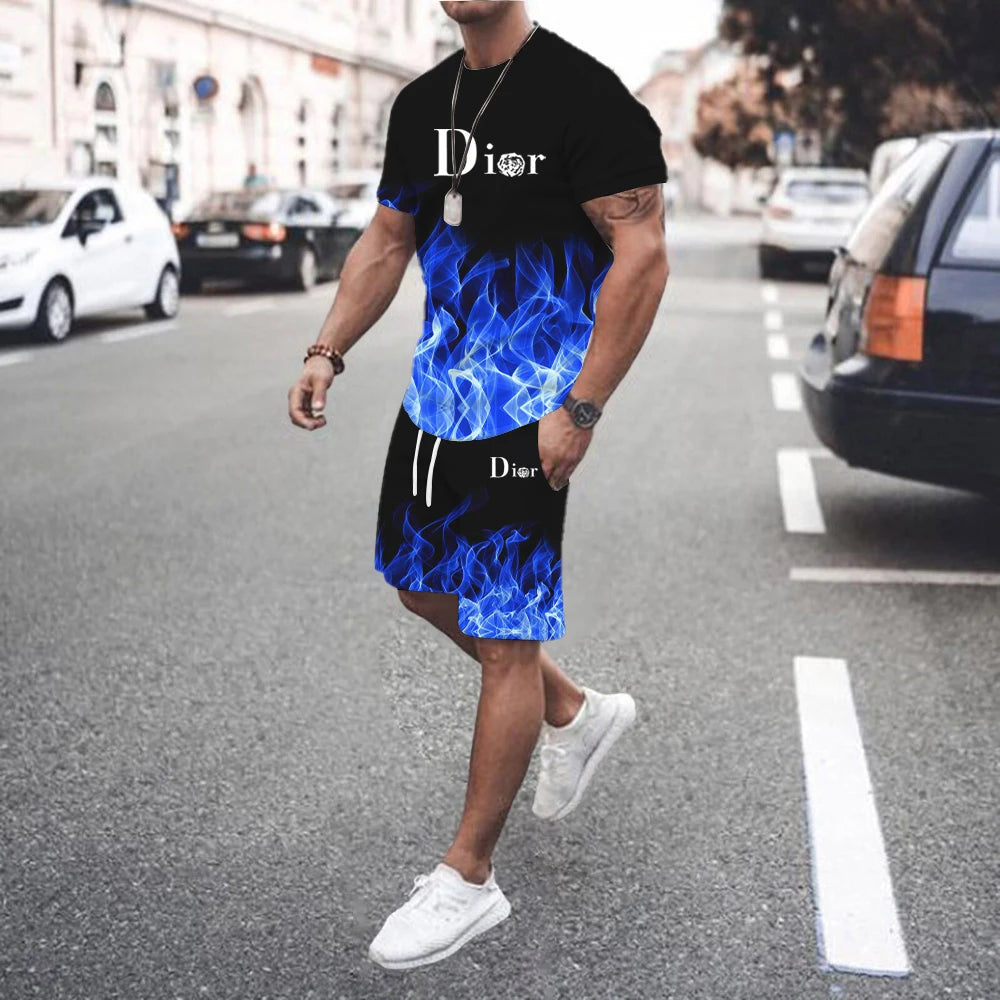 2026 Fashion Summer T Shirt Set for Men StripedPrint Men's T-shirt Short Sleeve+Shorts 2-Piece Set Oversized Casual Sport Suit